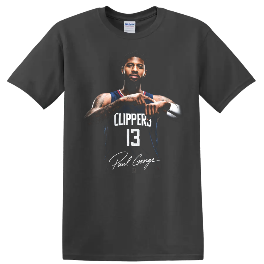 Paul George Los Angeles Clippers number 13 player portrait with signature-style text on a Charcoal T Shirt