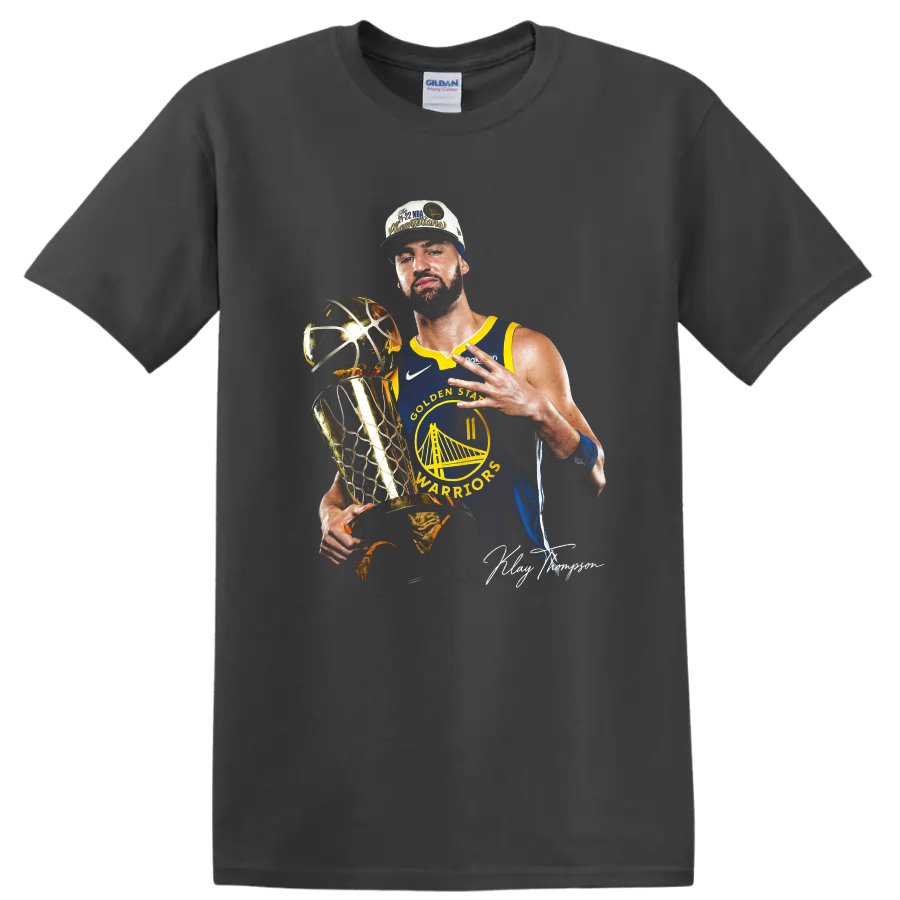 Andrew Wiggins Warriors championship trophy portrait with blue-and-gold uniform on a Charcoal T Shirt