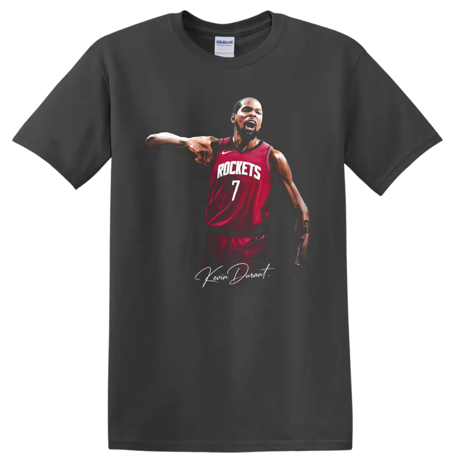 Kevin Durant Houston Rockets number 7 basketball portrait with signature script on a Charcoal T Shirt