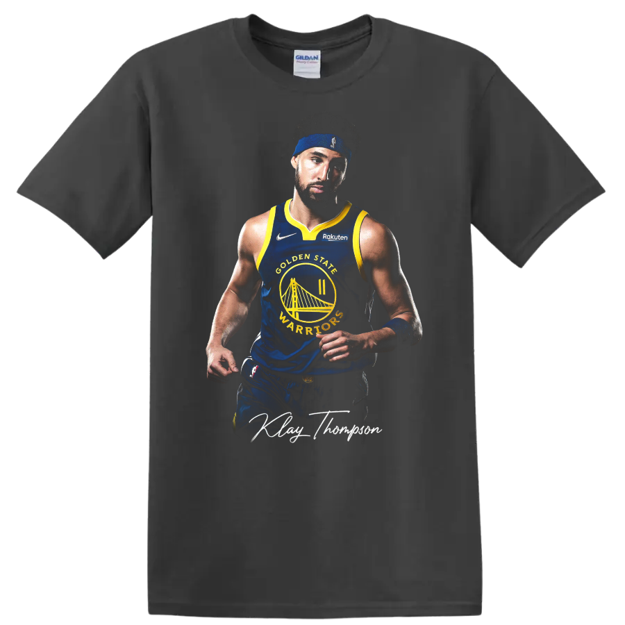 Stephen Curry Golden State Warriors number 30 basketball portrait with signature-style on a Charcoal T Shirt