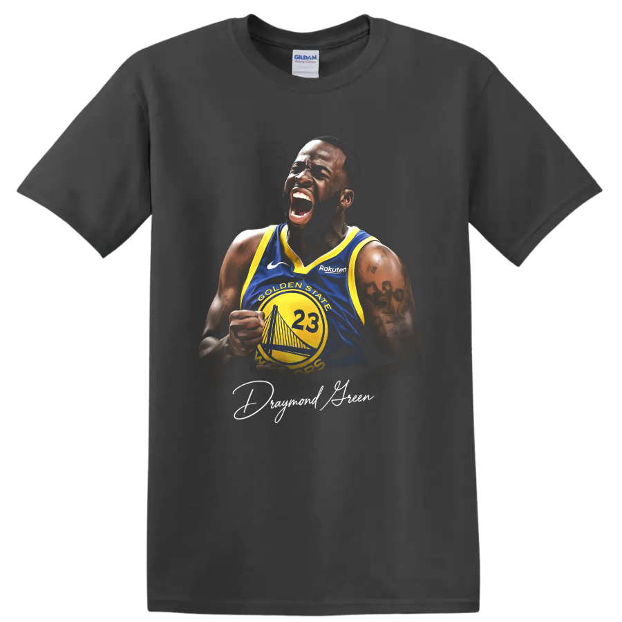 Draymond Green roaring in a blue and yellow Golden State Warriors number 23 jersey on a Charcoal T Shirt