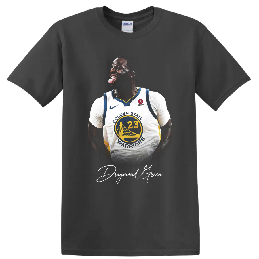 Draymond Green Golden State Warriors basketball portrait with white script signature on a Charcoal T Shirt