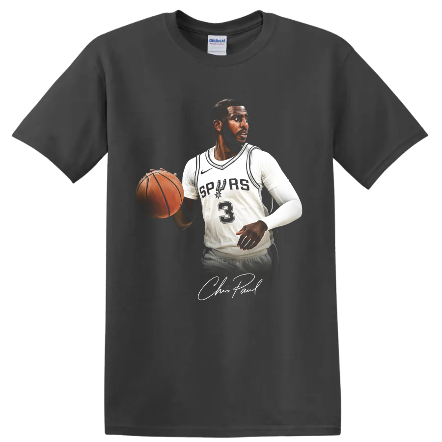 Chris Paul Spurs basketball action portrait with ball, number 3 jersey, and signature on a Charcoal T Shirt