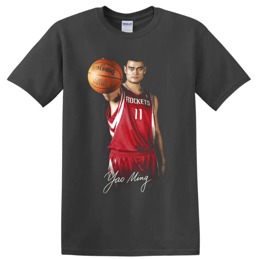 Yao Ming in Houston Rockets number 11 uniform holding basketball with signature on a Charcoal T Shirt