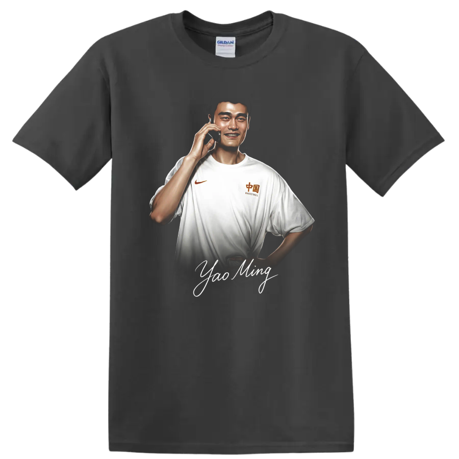 Yao Ming basketball portrait with signature-style lettering on a Charcoal T Shirt
