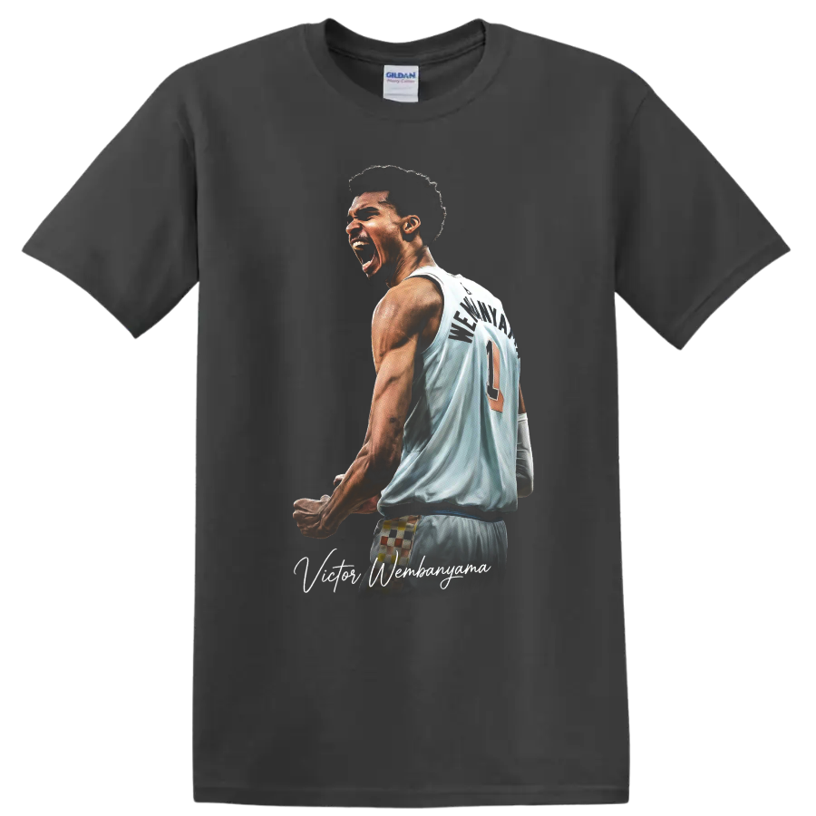 Victor Wembanyama Spurs jersey action portrait with script signature on a Charcoal T Shirt