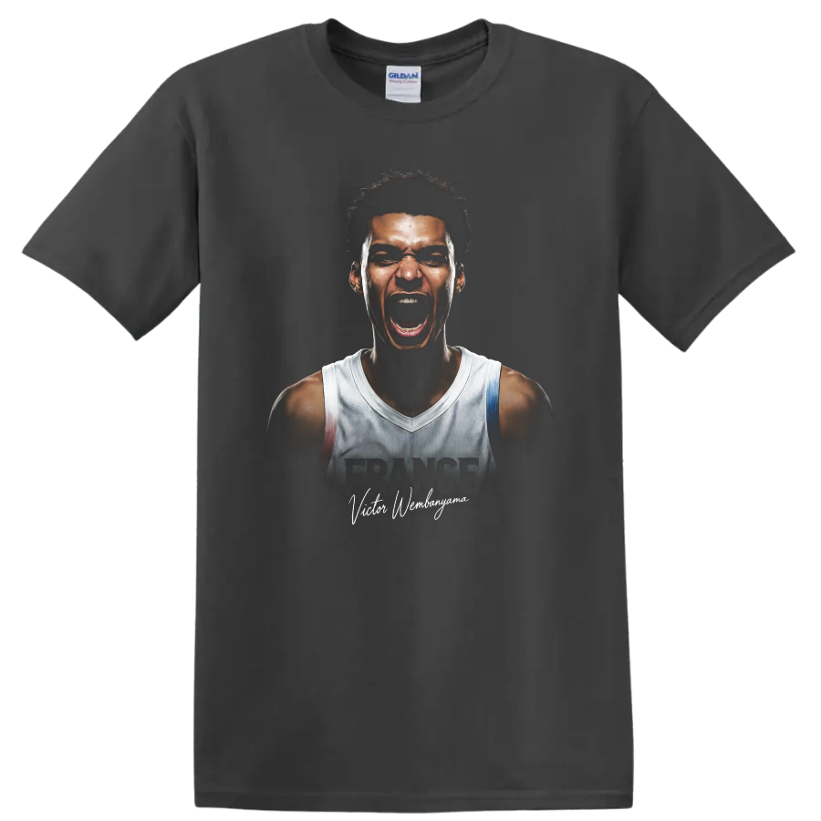 Victor Wembanyama intense basketball portrait with FRANCE text and signature lettering on a Charcoal T Shirt