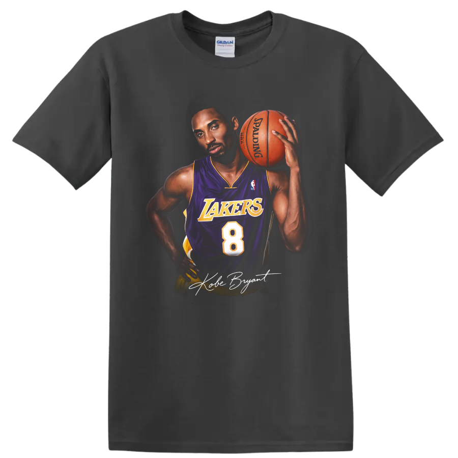Kobe Bryant in Los Angeles Lakers number 8 jersey holding basketball, signature-style art on a Charcoal T Shirt