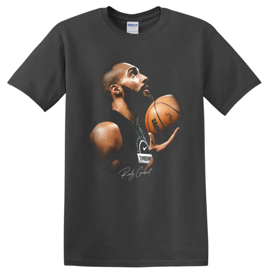 Anthony Edwards holding basketball in dramatic Minnesota Timberwolves portrait artwork on a Charcoal T Shirt