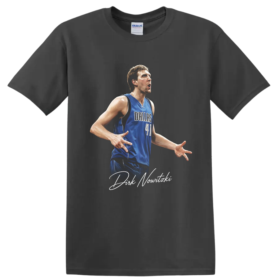 Dirk Nowitzki Dallas Mavericks number 41 player portrait with signature script on a Charcoal T Shirt