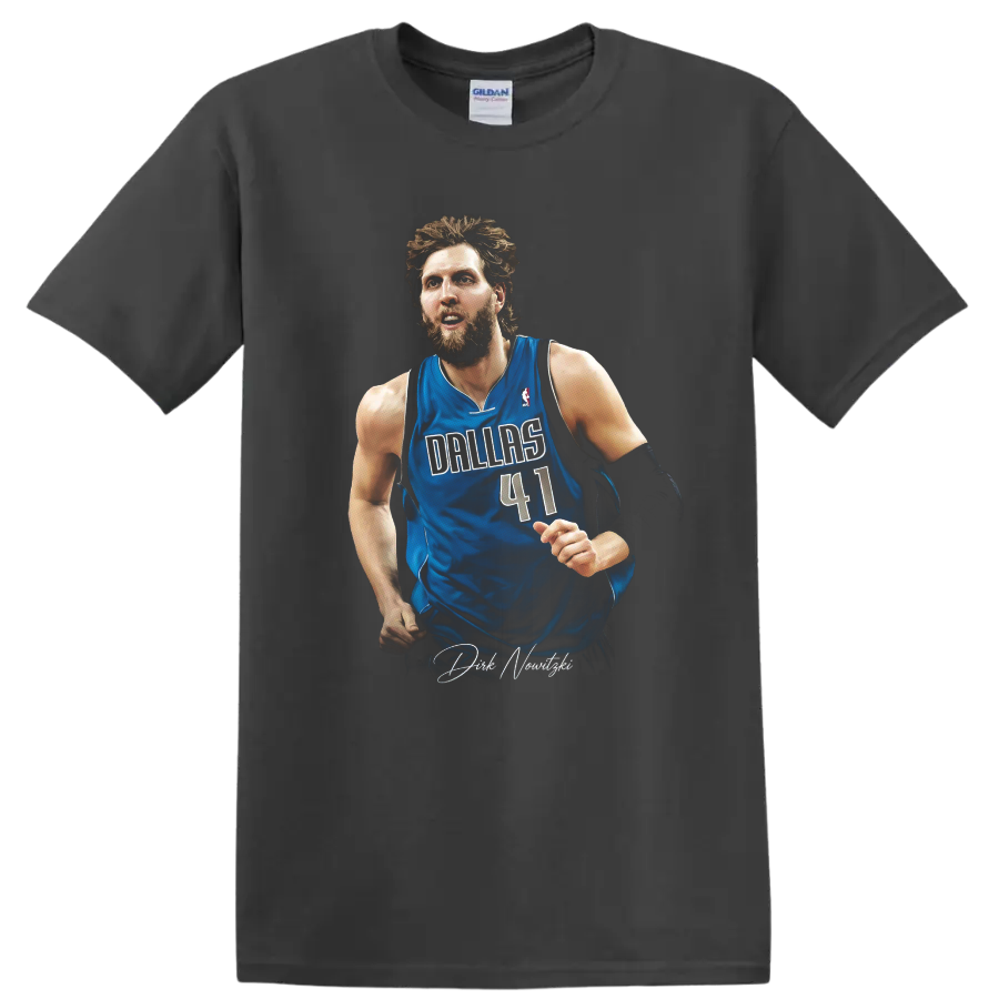 Dirk Nowitzki in Dallas Mavericks number 41 jersey with signature-style graphic on a Charcoal T Shirt
