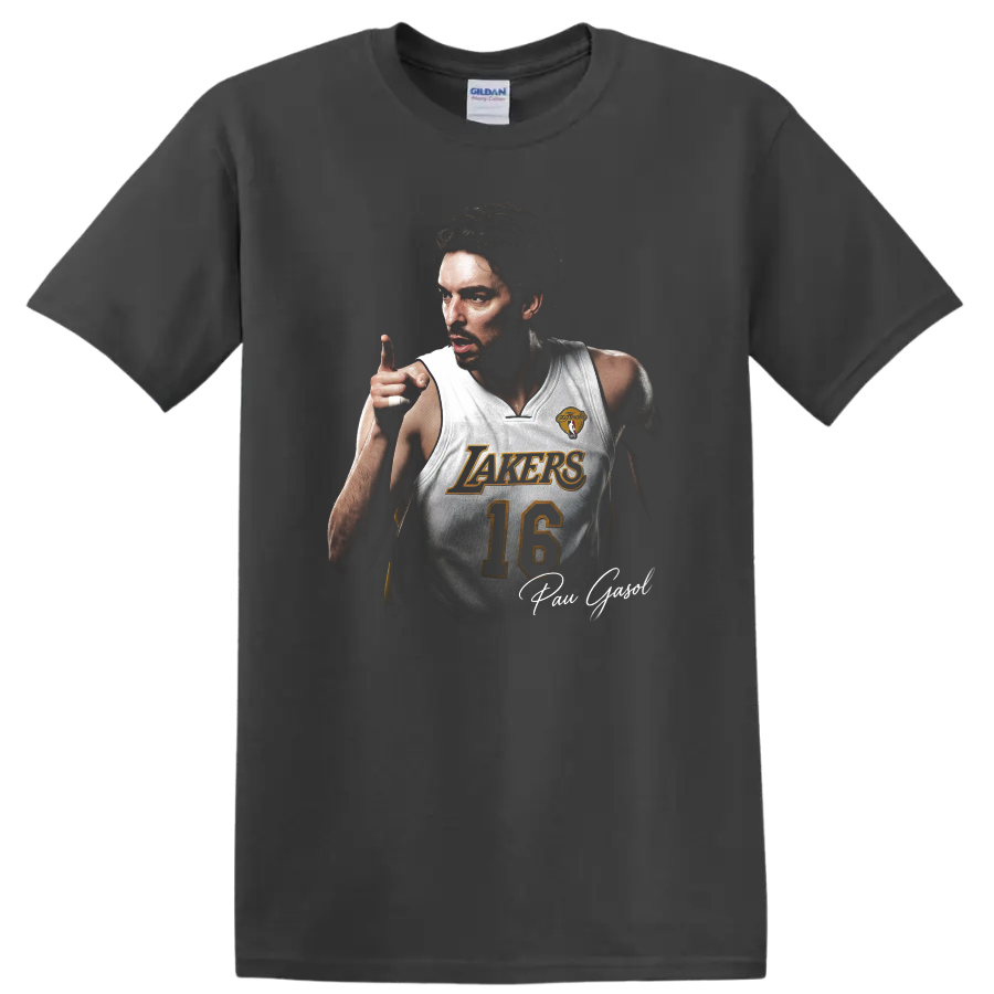 Pau Gasol Los Angeles Lakers number 16 basketball portrait with signature on a Charcoal T Shirt