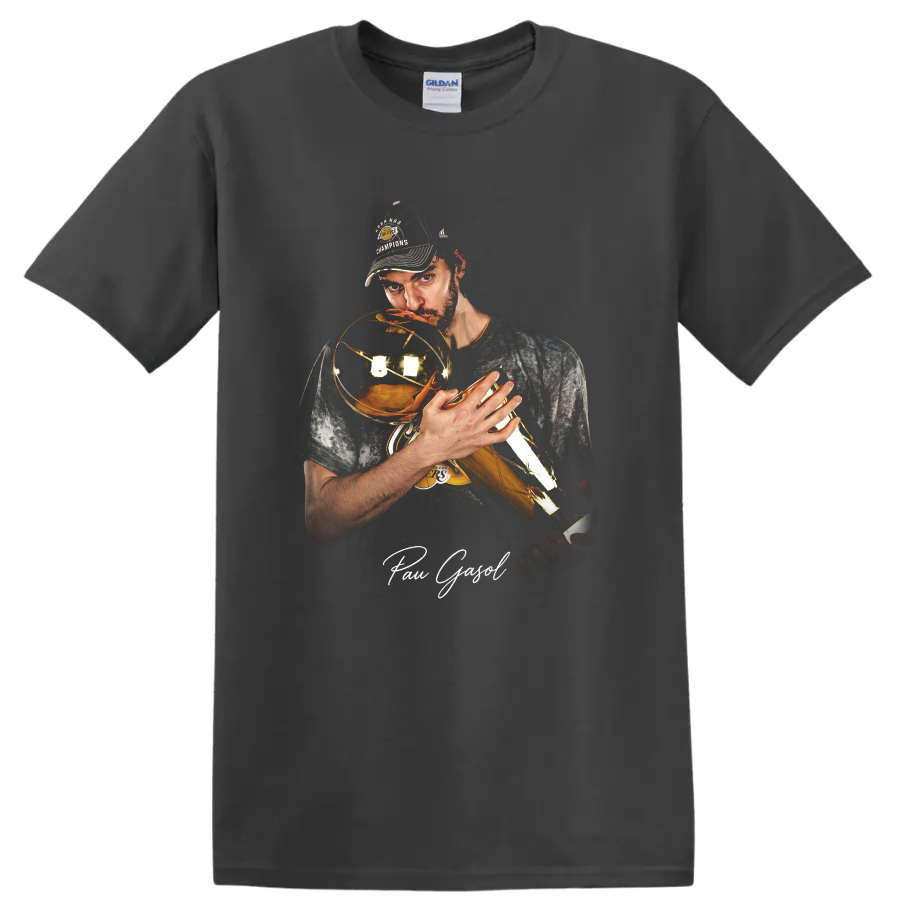 Pau Gasol holding a championship trophy in dramatic Lakers portrait artwork on a Charcoal T Shirt