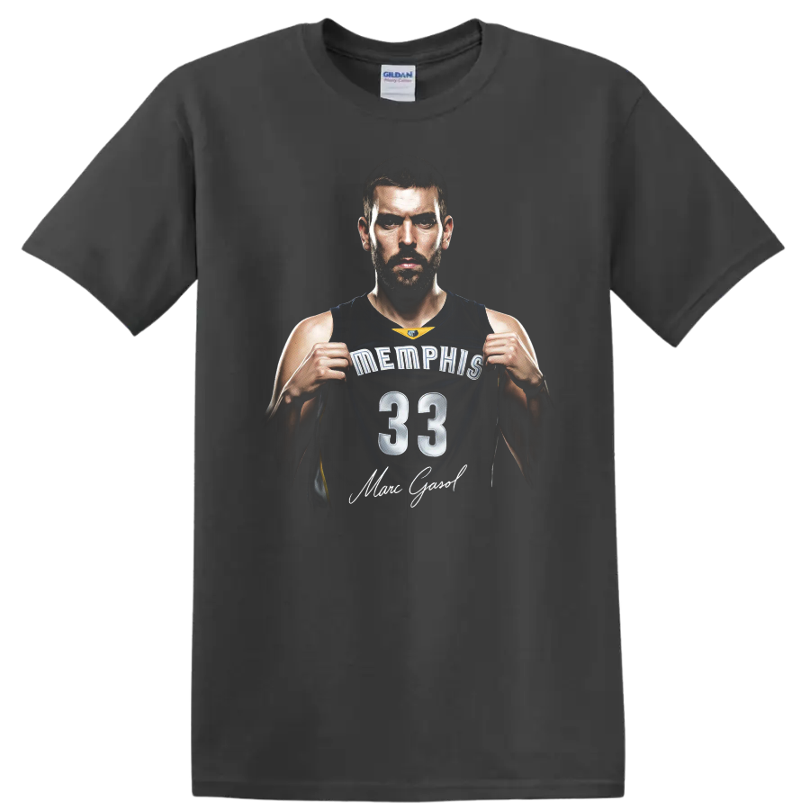 Marc Gasol Memphis Grizzlies number 33 basketball portrait with signature-style text on a Charcoal T Shirt