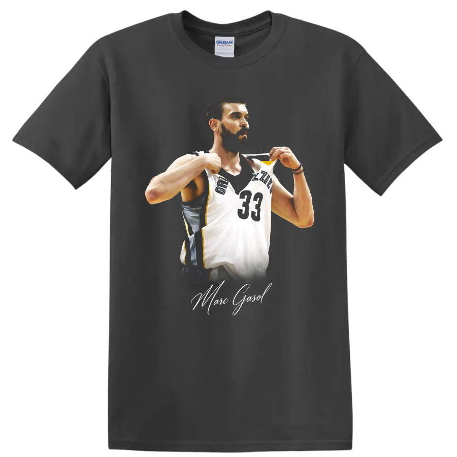 Marc Gasol in Memphis Grizzlies number 33 jersey with signature-style lettering on a Charcoal T Shirt
