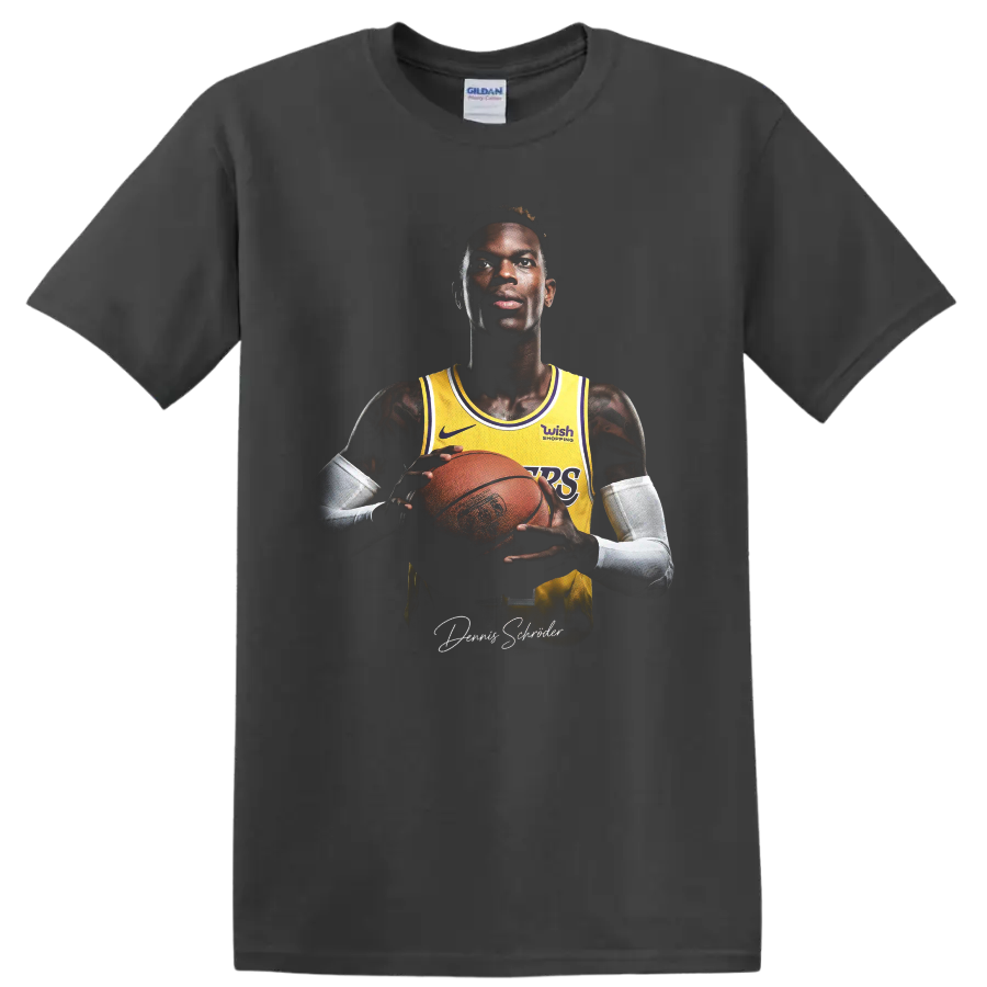 Dennis Schröder Lakers basketball portrait holding a ball with signature-style script on a Charcoal T Shirt