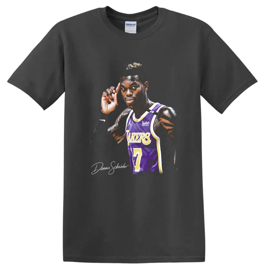 Dennis Schröder Lakers number 17 basketball player portrait in purple and gold jersey on a Charcoal T Shirt