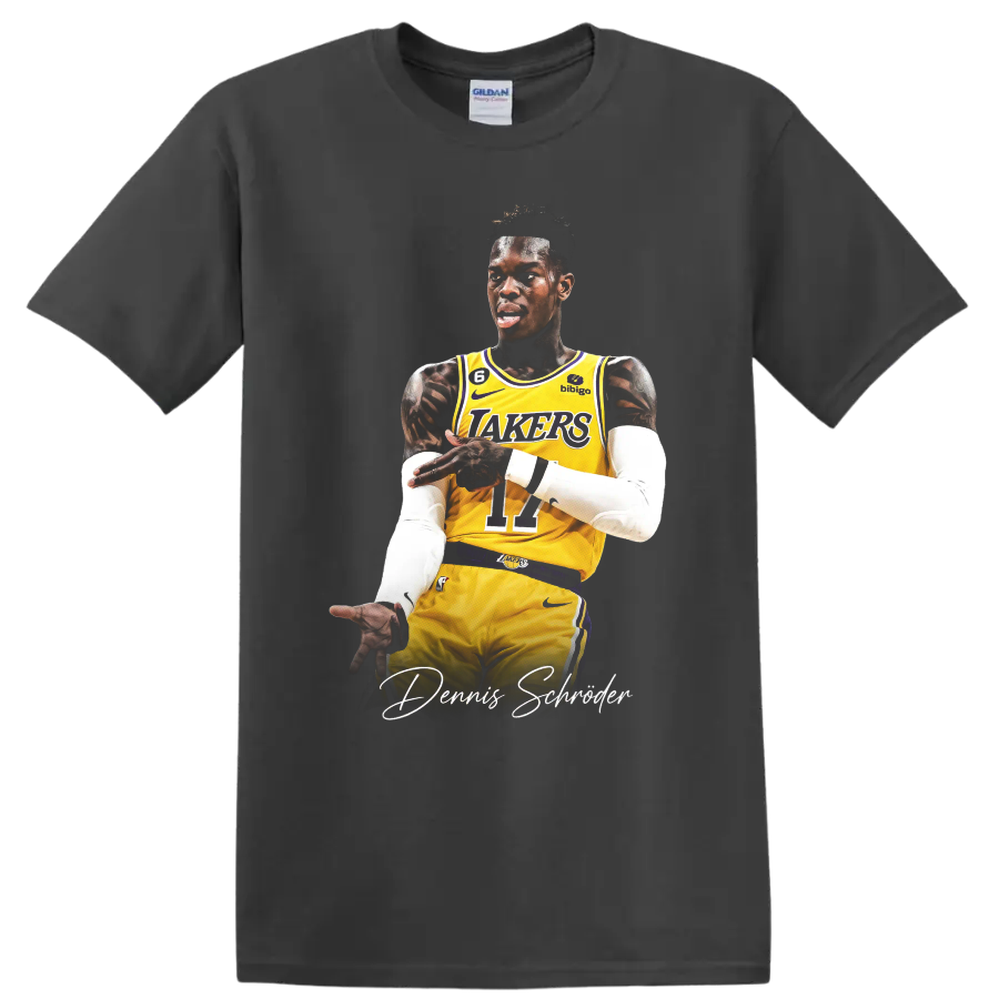 Dennis Schröder Lakers player action portrait with signature-style lettering on a Charcoal T Shirt