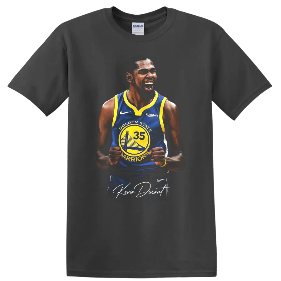 Kevin Durant Golden State Warriors number 35 celebration graphic with signature script on a Charcoal T Shirt