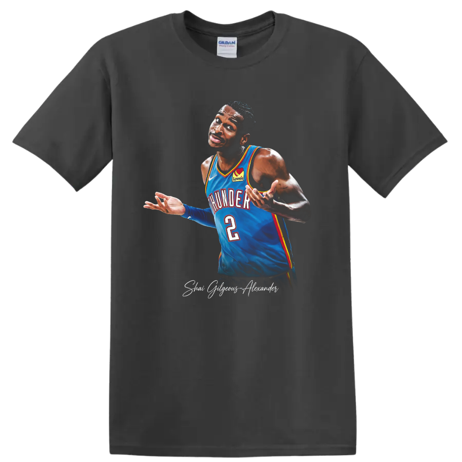 Shai Gilgeous-Alexander Oklahoma City Thunder blue jersey basketball portrait on a Charcoal T Shirt