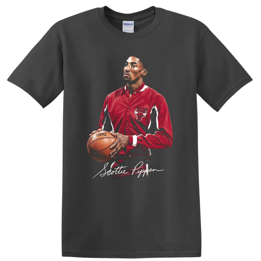 Scottie Pippen Chicago Bulls portrait holding basketball in red jacket with script name on a Charcoal T Shirt