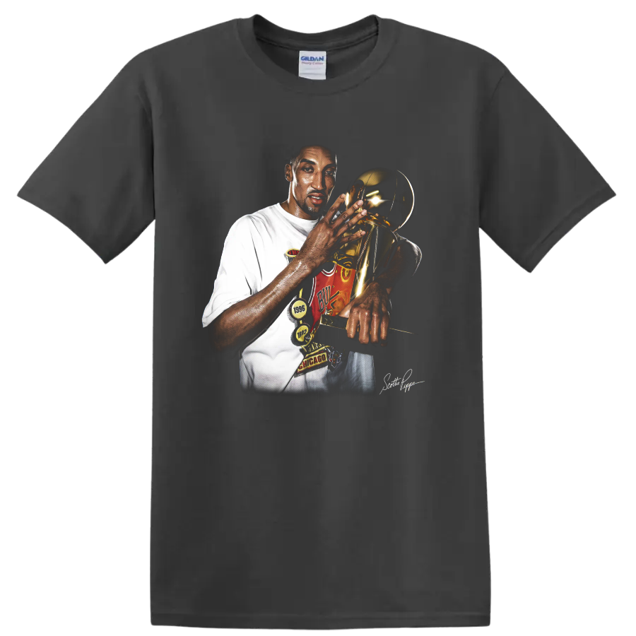 Scottie Pippen holding championship trophy in dramatic Chicago Bulls portrait on a Charcoal T Shirt