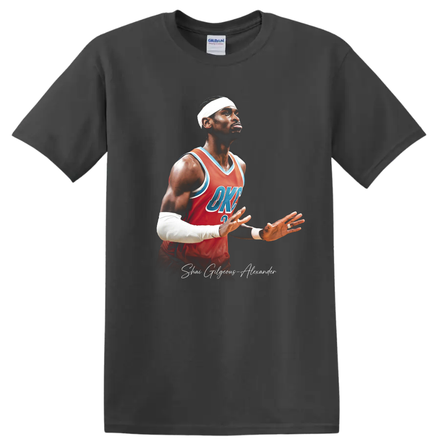 Shai Gilgeous-Alexander basketball portrait in red Thunder jersey with script signature on a Charcoal T Shirt