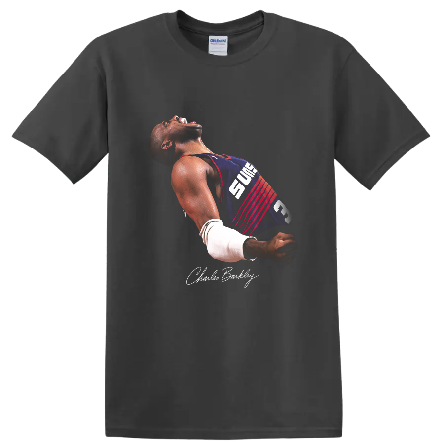 Charles Barkley Phoenix Suns number 34 basketball celebration portrait with signature on a Charcoal T Shirt