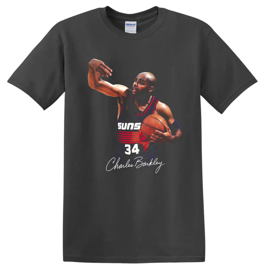 Charles Barkley Phoenix Suns number 34 basketball action illustration with signature on a Charcoal T Shirt