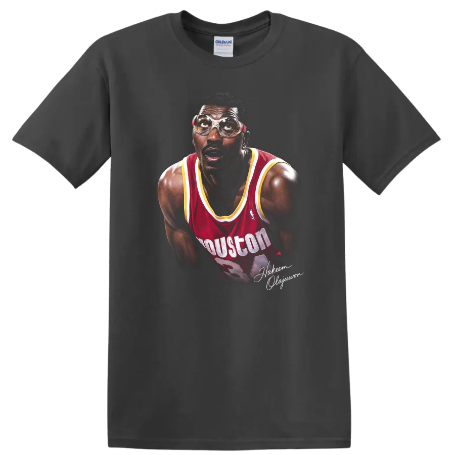 Hakeem Olajuwon Houston Rockets portrait in red jersey and protective goggles on a Charcoal T Shirt