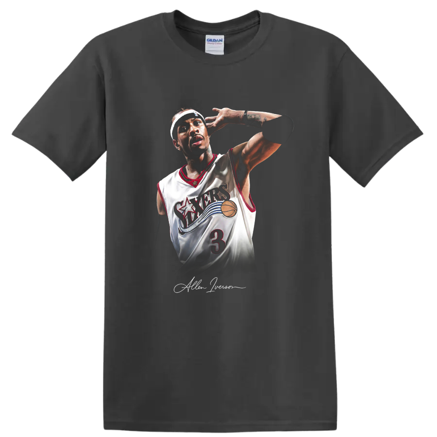 Allen Iverson in Philadelphia 76ers number 3 jersey retro basketball portrait on a Charcoal T Shirt