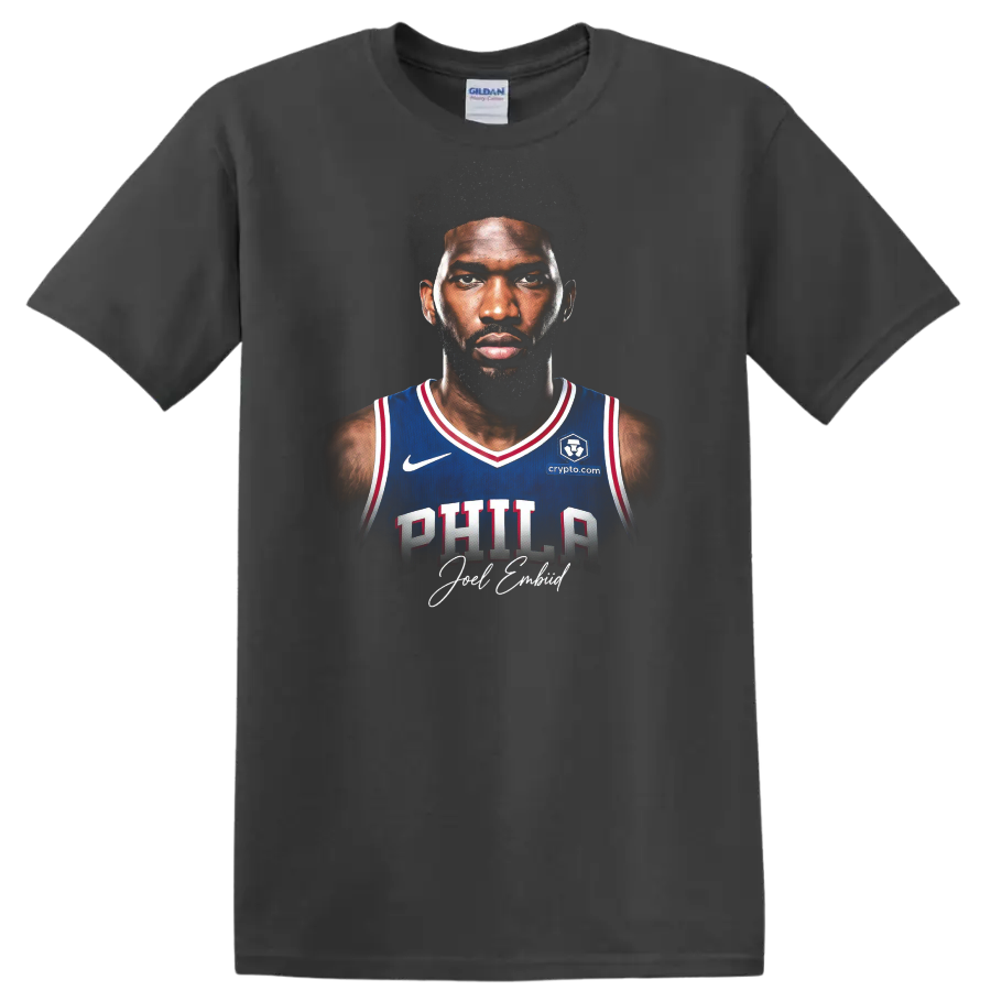 Caleb Martin Philadelphia 76ers basketball portrait with distressed graphic backdrop on a Charcoal T Shirt
