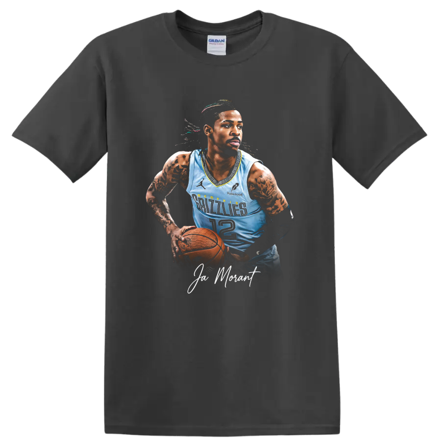 Ja Morant Memphis Grizzlies basketball portrait with number 12 jersey and signature text on a Charcoal T Shirt