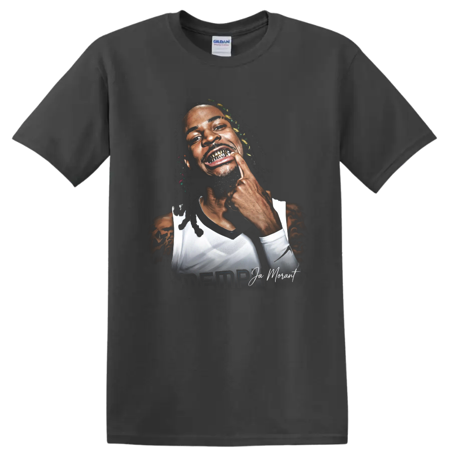 Ja Morant Memphis Grizzlies basketball portrait with gold grill and signature lettering on a Charcoal T Shirt