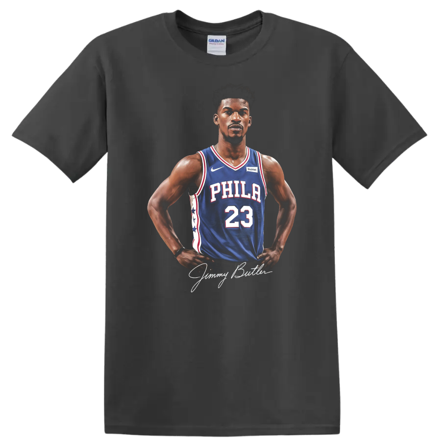 Jimmy Butler portrait in Philadelphia 76ers number 23 jersey with signature on a Charcoal T Shirt