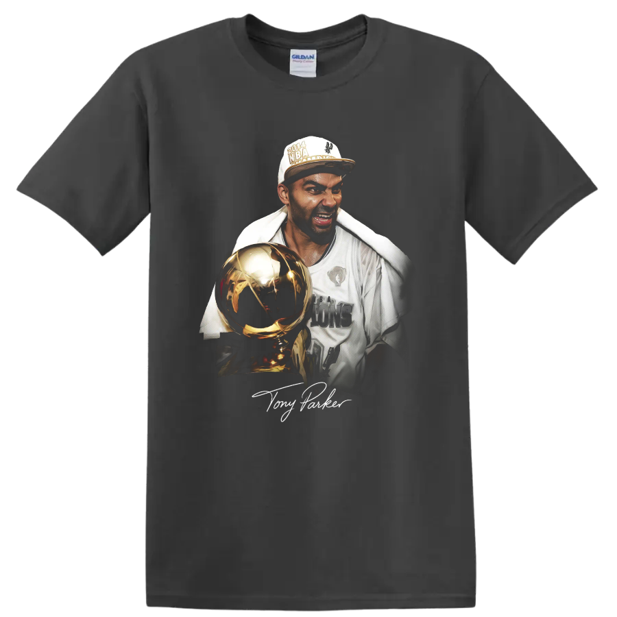 Tony Parker championship trophy portrait with 2014 cap and signature on a Charcoal T Shirt