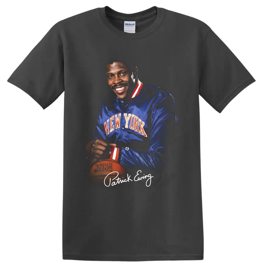 Patrick Ewing New York Knicks vintage portrait with basketball and signature-style text on a Charcoal T Shirt