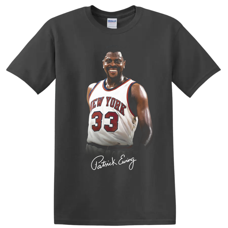 Patrick Ewing New York Knicks number 33 basketball portrait with signature-style name on a Charcoal T Shirt
