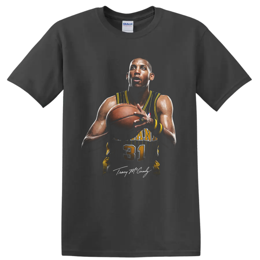 Reggie Miller Indiana Pacers number 31 basketball portrait with signature-style detail on a Charcoal T Shirt