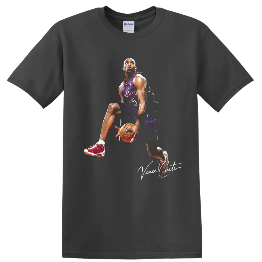 Vince Carter in Toronto Raptors number 15 uniform with basketball and signature graphic on a Charcoal T Shirt