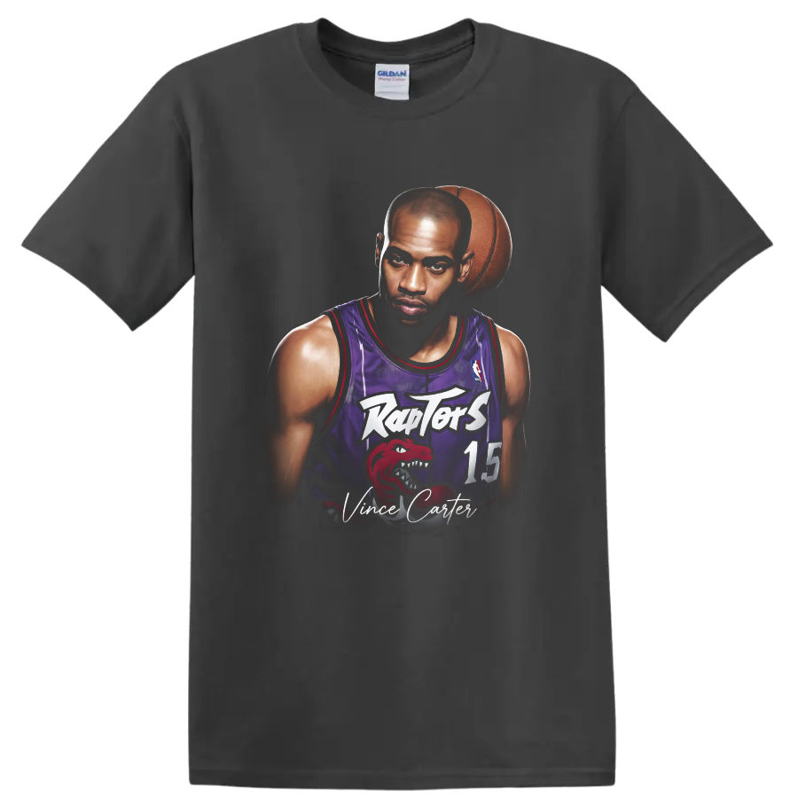 Vince Carter Toronto Raptors basketball portrait with number 15 jersey and signature text on a Charcoal T Shirt