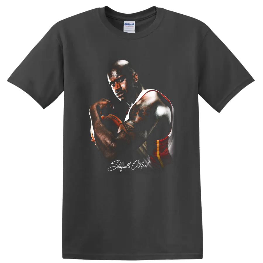 Shaquille O'Neal Miami Heat basketball portrait with a ball and signature-style text on a Charcoal T Shirt