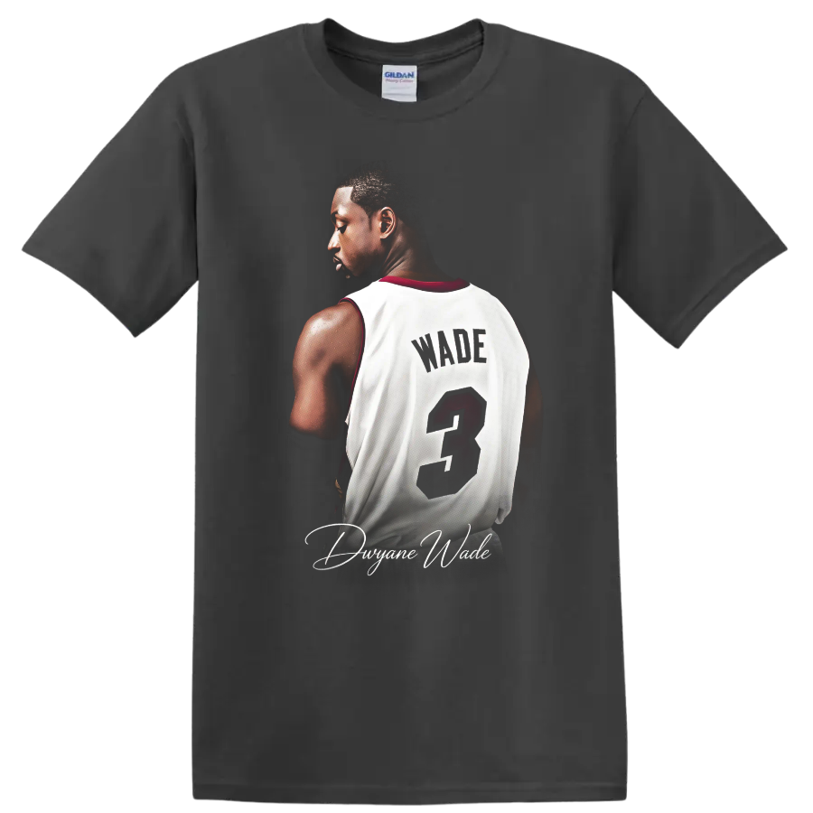 Dwyane Wade Miami Heat number 3 jersey portrait with distressed lettering and signature on a Charcoal T Shirt