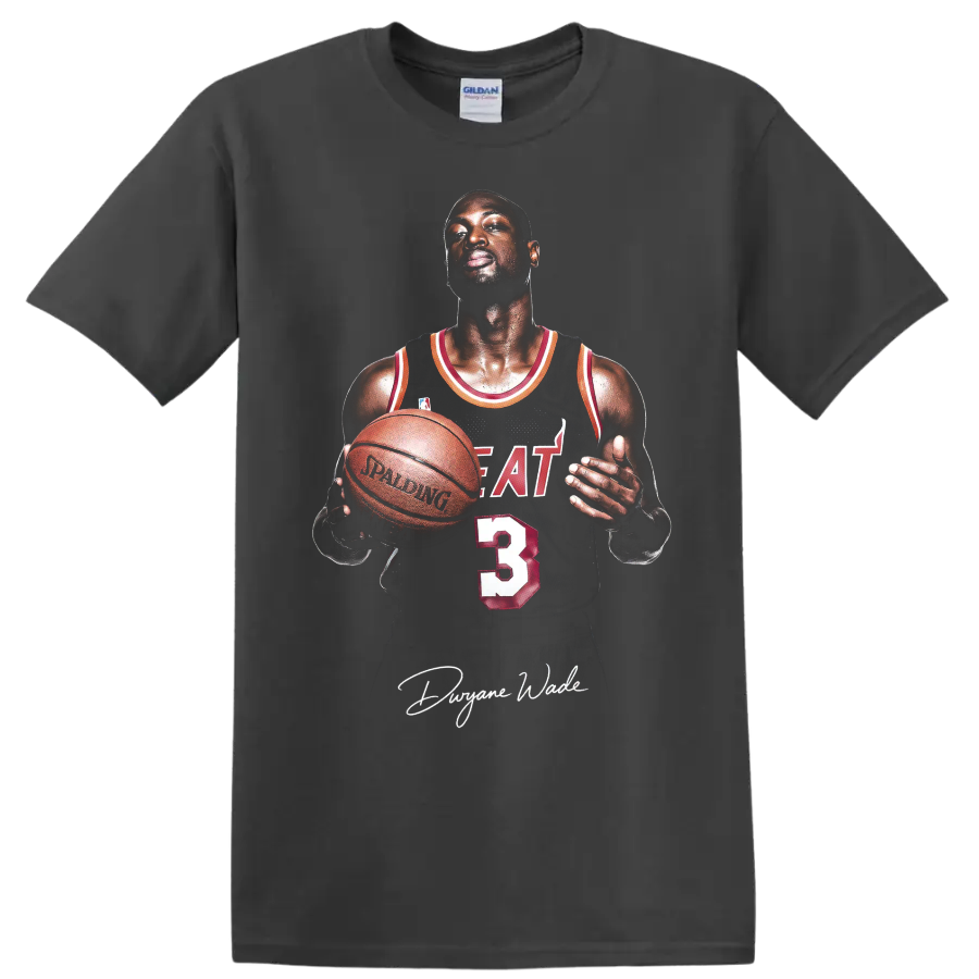Dwyane Wade Miami Heat number 3 basketball portrait with signature-style graphic on a Charcoal T Shirt