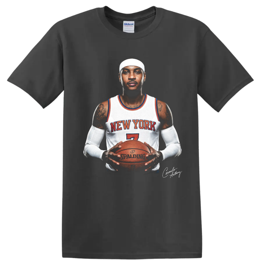 Carmelo Anthony New York number 7 basketball portrait holding a game ball on a Charcoal T Shirt