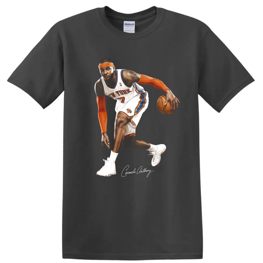 Carmelo Anthony New York Knicks dribbling basketball action illustration with signature on a Charcoal T Shirt