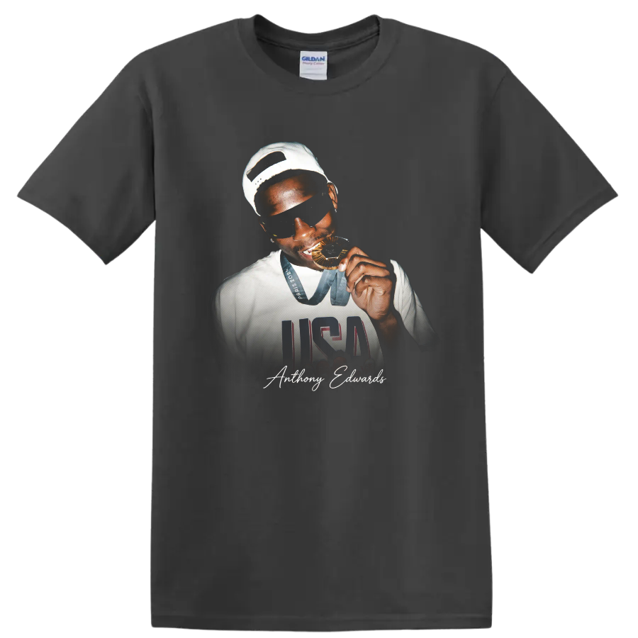 Anthony Edwards Team USA medal portrait with USA jersey graphic and signature on a Charcoal T Shirt