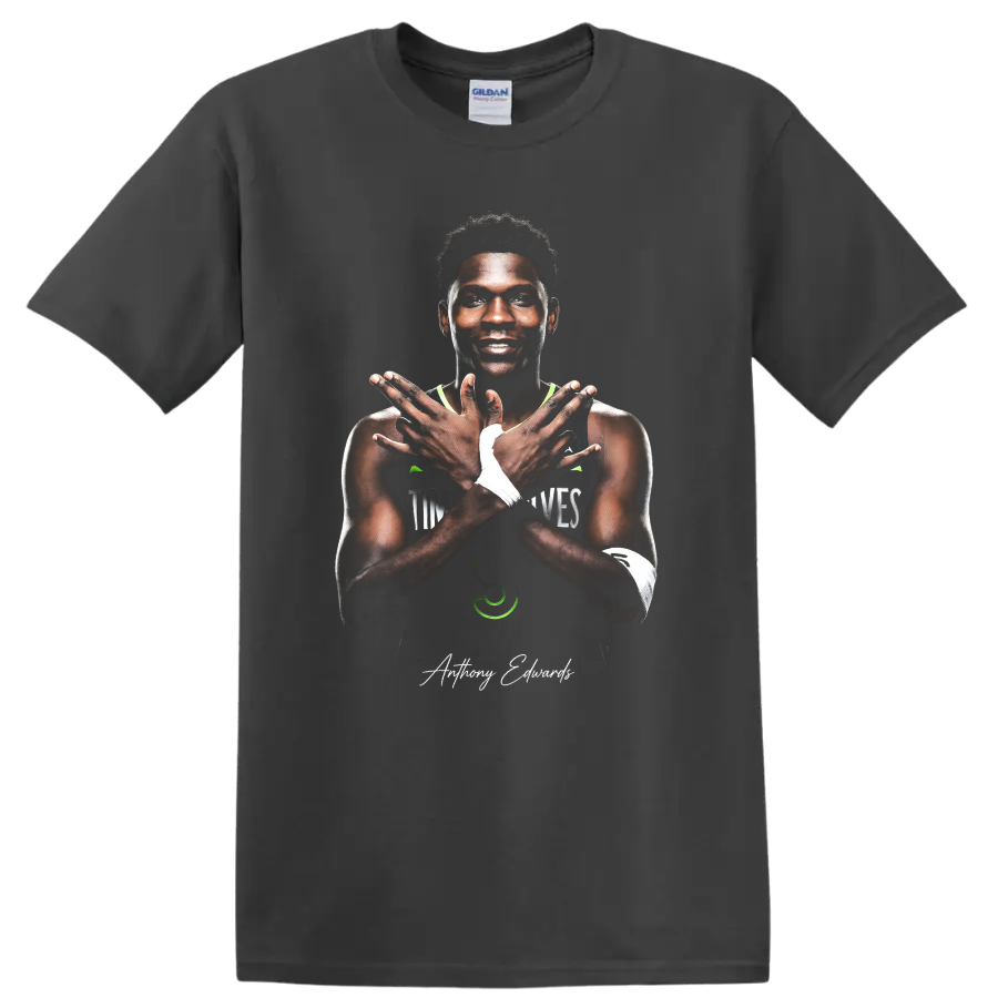 Anthony Edwards crossed-arms basketball portrait with Minnesota Timberwolves accents on a Charcoal T Shirt