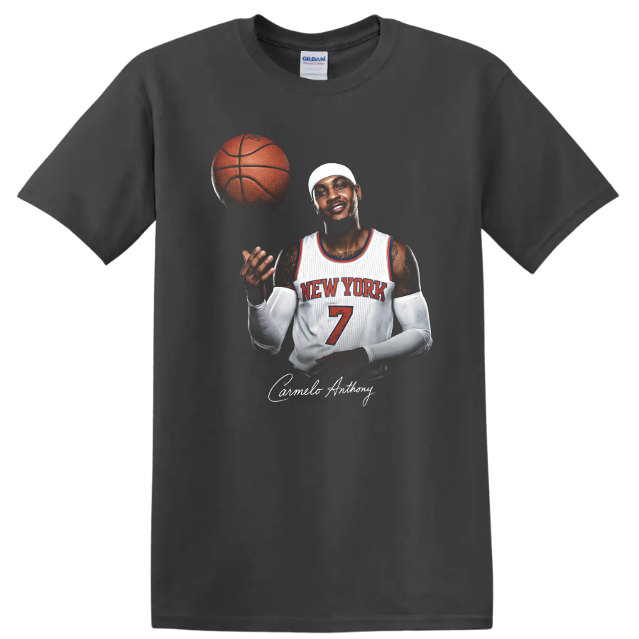 Carmelo Anthony New York Knicks number 7 basketball portrait with floating ball on a Charcoal T Shirt