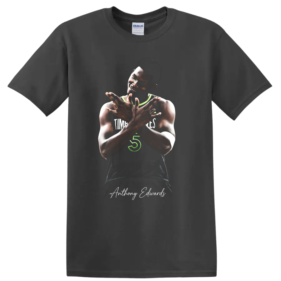 Anthony Edwards Minnesota Timberwolves crossed-arm basketball portrait with signature on a Charcoal T Shirt